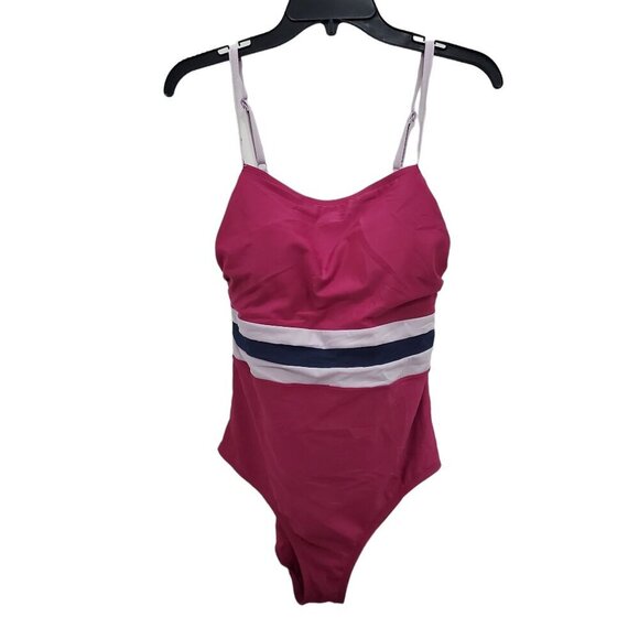 All in Motion Women's Magenta‎ Lilac Stripe Built in Bra One Piece Swimsuit Sz M - Picture 1 of 5